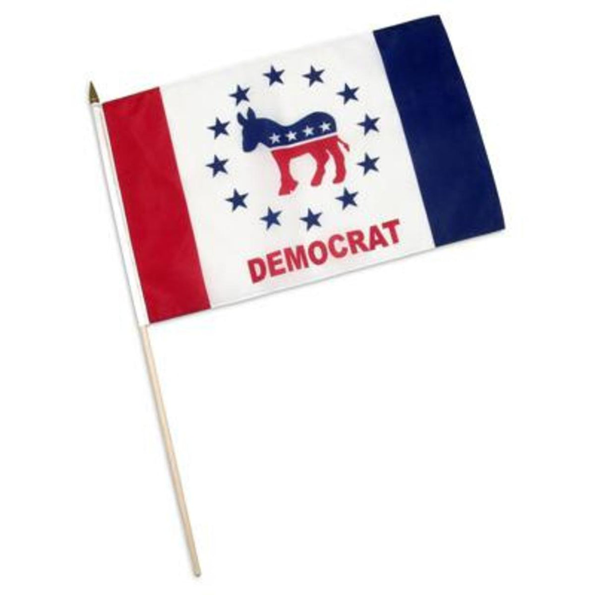 Small flag with a donkey symbol and 'DEMOCRAT' text on a white background
