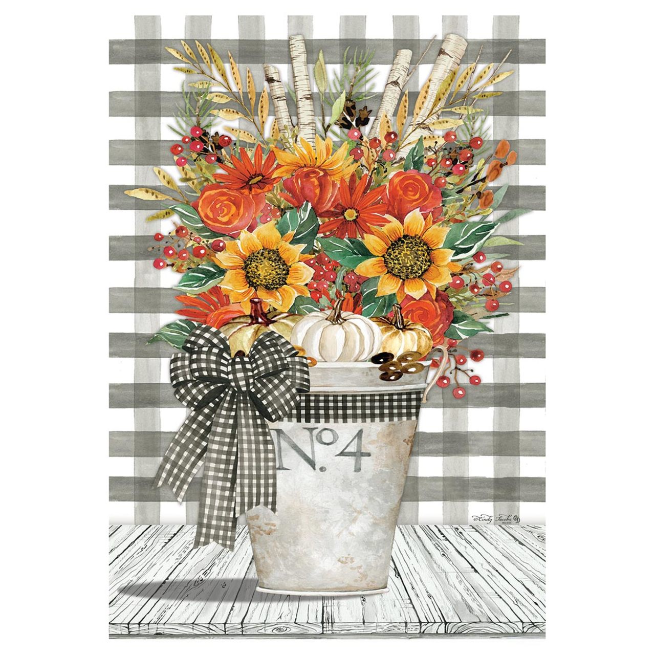 Decorative fall-themed garden banner with an arrangement with flowers, pumpkins, and a checkered bow in a metal bucket on a striped background.