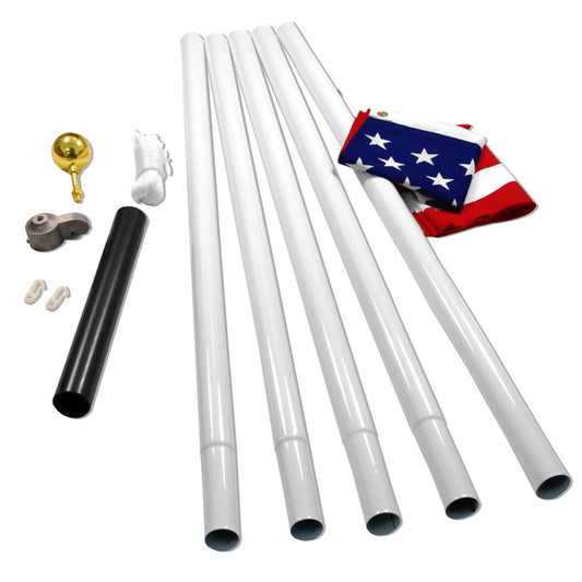 Set of white flagpoles with accessories on a white background