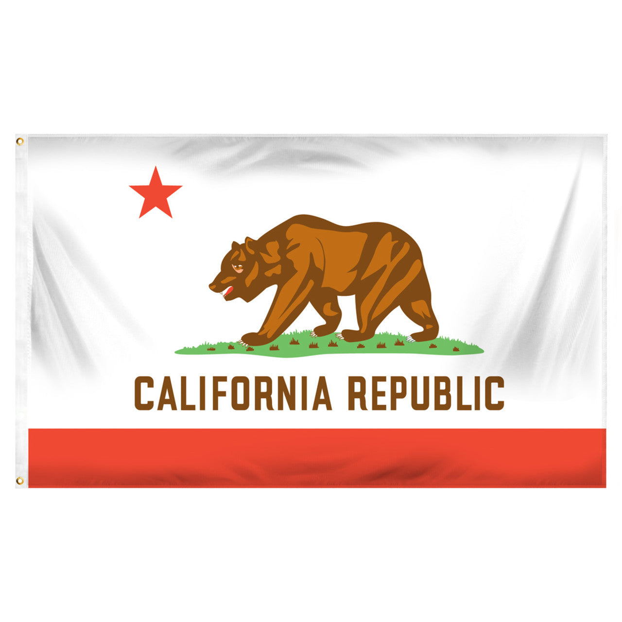 State of California flag featuring a grizzly bear, a red star, and the words 'CALIFORNIA REPUBLIC' on a white background with a red bottom stripe