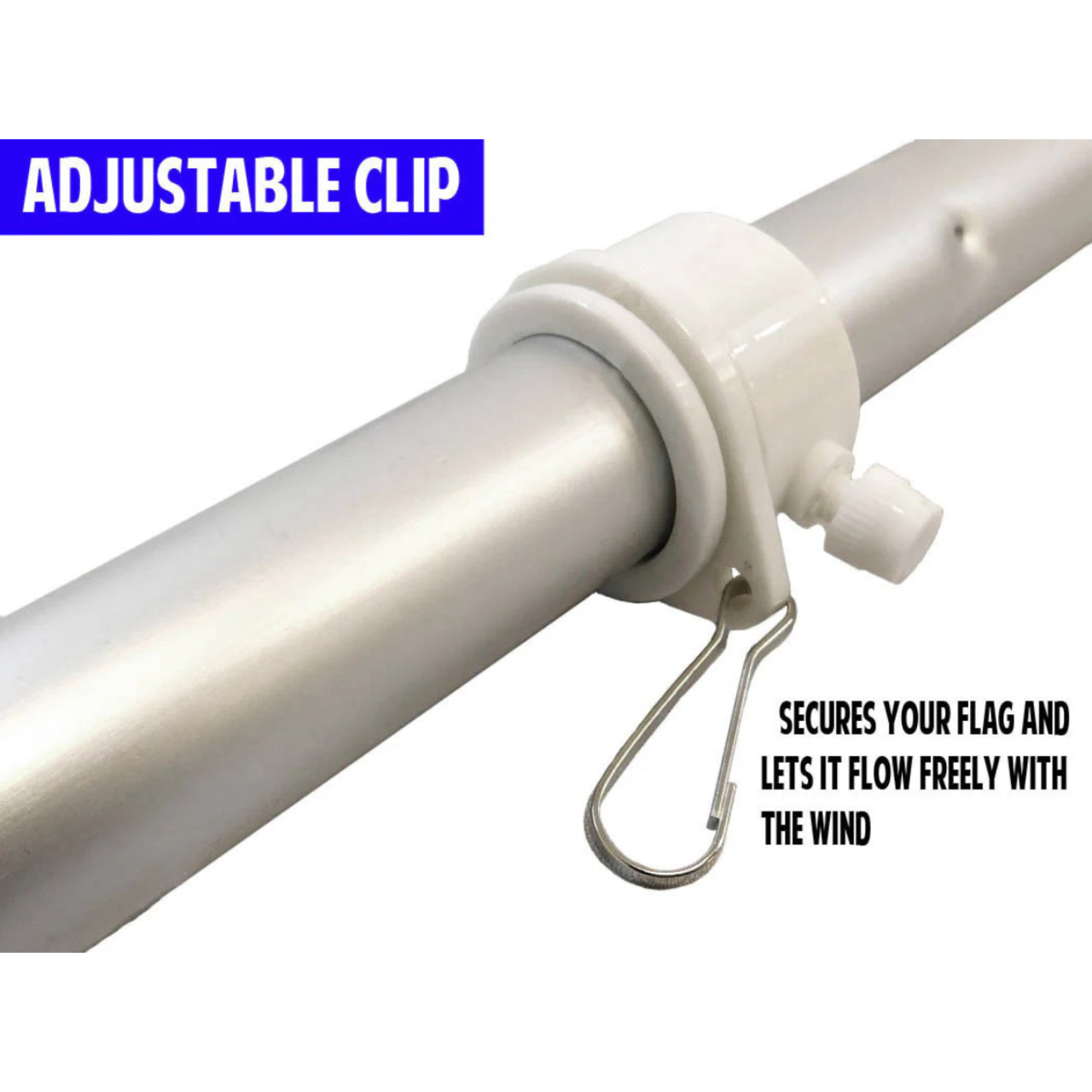 Adjustable clip on a white rod with text describing its function.