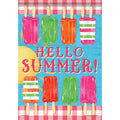 Decorative flag featuring a colorful illustration of popsicles with 'Hello Summer!' text on a checkered background