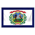 State of West Virginia state flag featuring the full-color state seal and 'State of West Virginia' red banner on a white field with a dark blue border