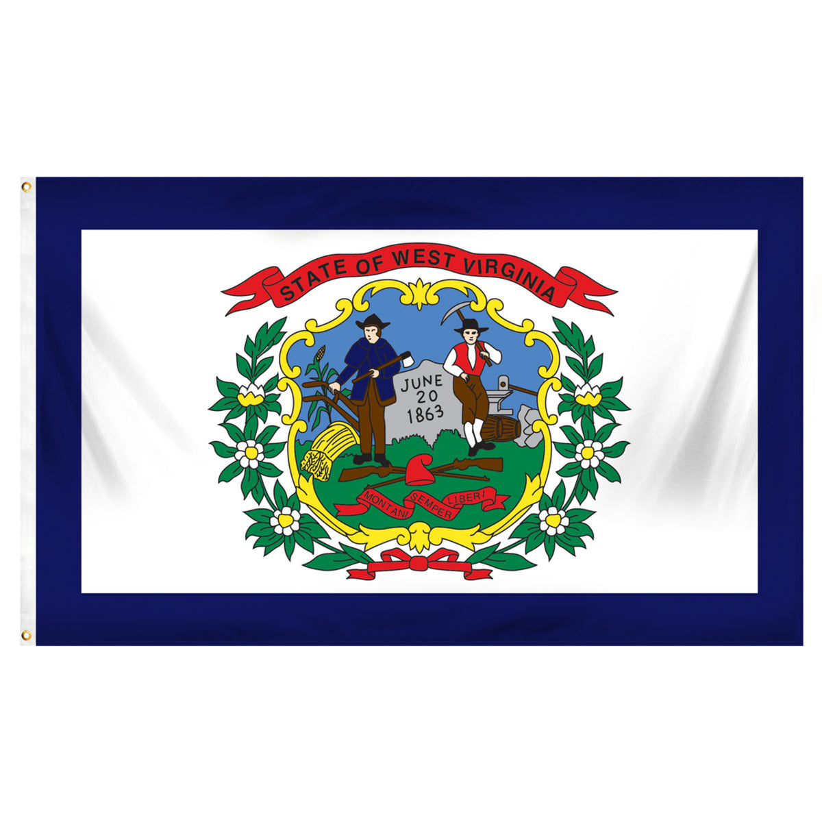 State of West Virginia state flag featuring the full-color state seal and 'State of West Virginia' red banner on a white field with a dark blue border