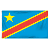 Flag of the Democratic Republic of the Congo with a yellow star on a blue background with a diagonal red stripe and two smaller yellow stripes bordering the red stripe
