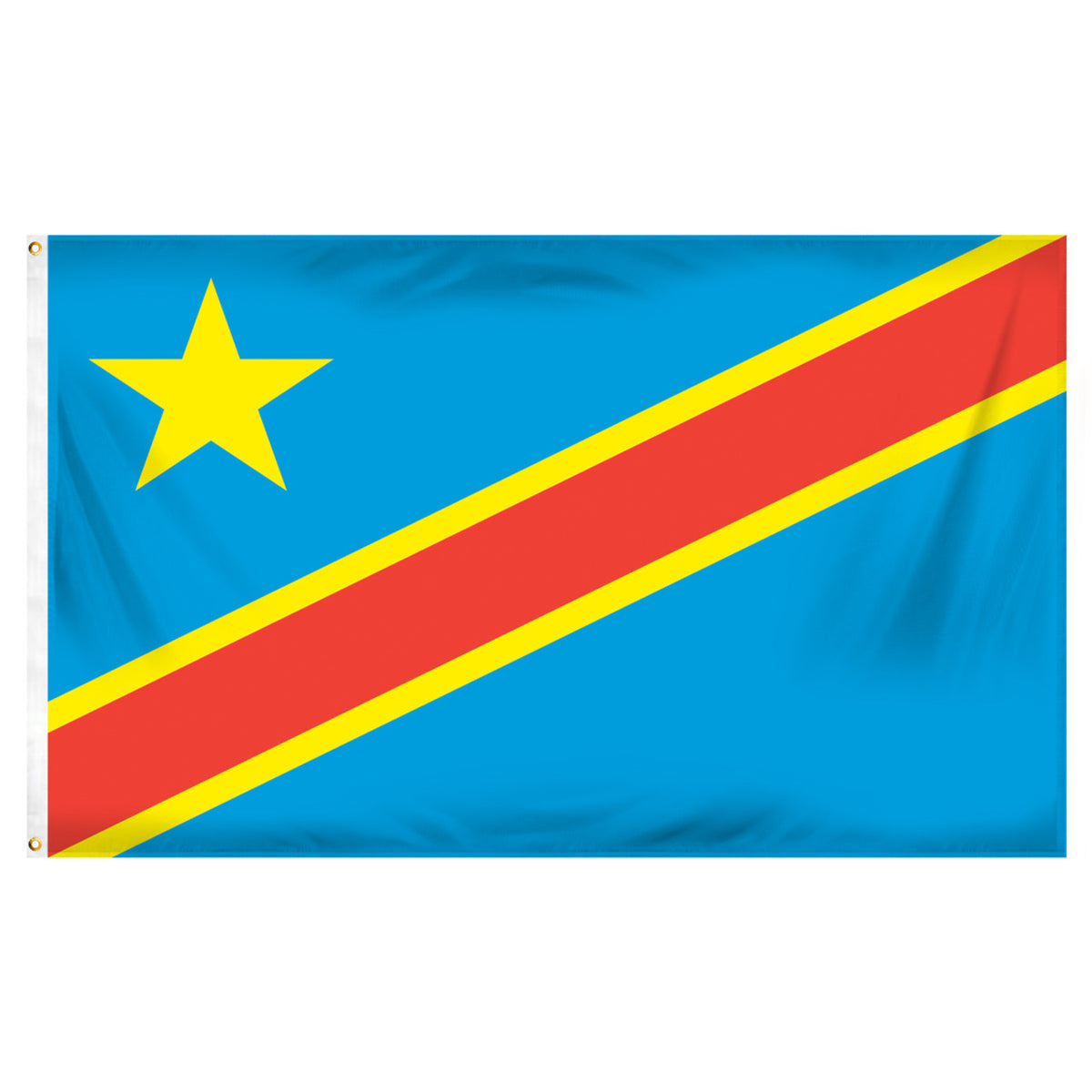 Flag of the Democratic Republic of the Congo with a yellow star on a blue background with a diagonal red stripe and two smaller yellow stripes bordering the red stripe