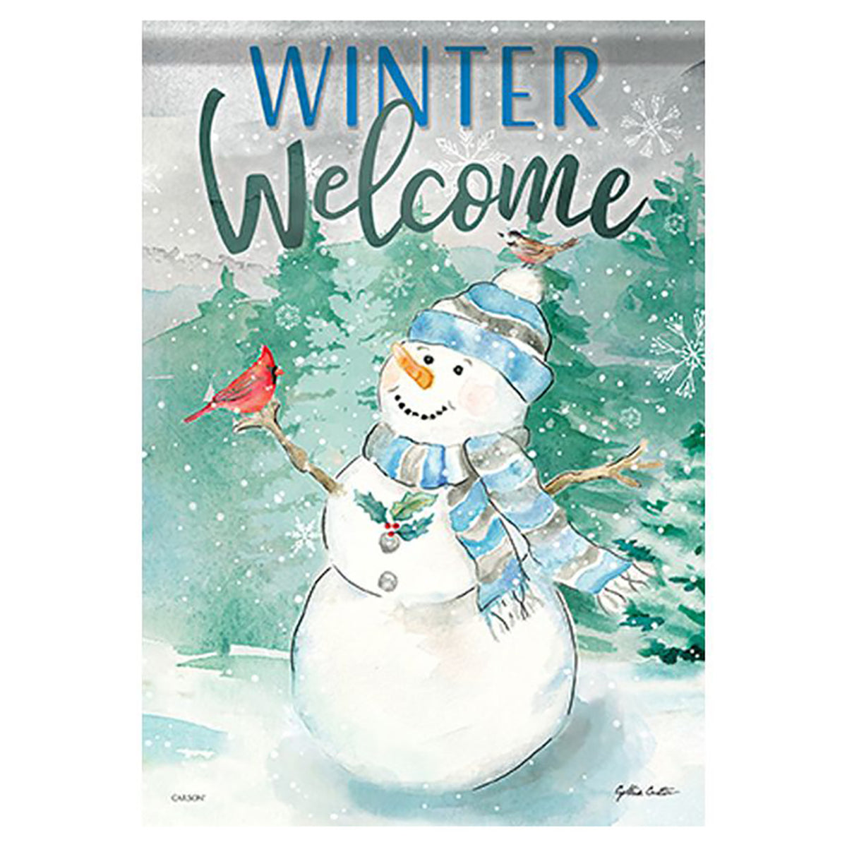 Winter-themed flag with a snowman, cardinal, and text 'Winter Welcome' on a snowy background.