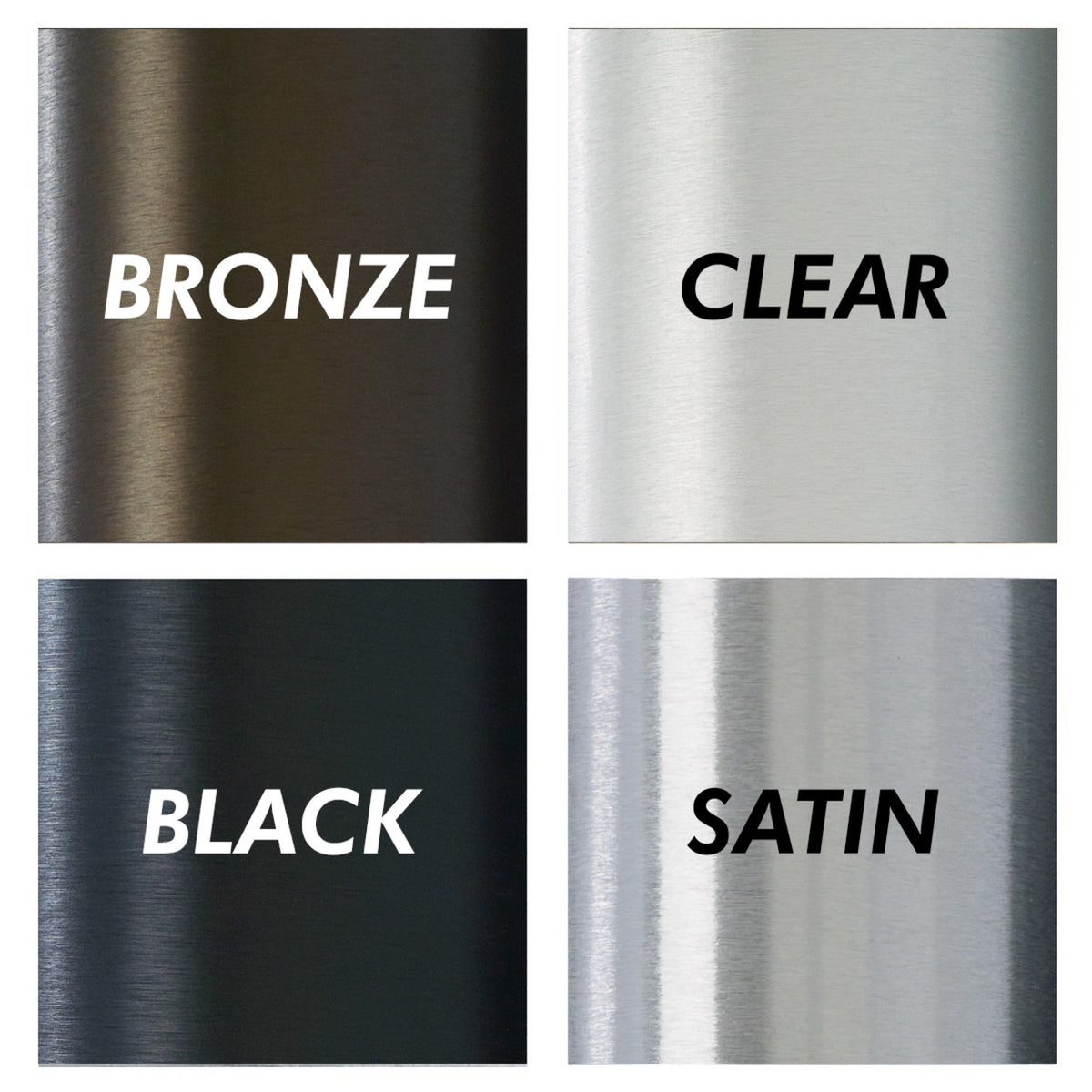 Four titles of different metal finishes on a white background