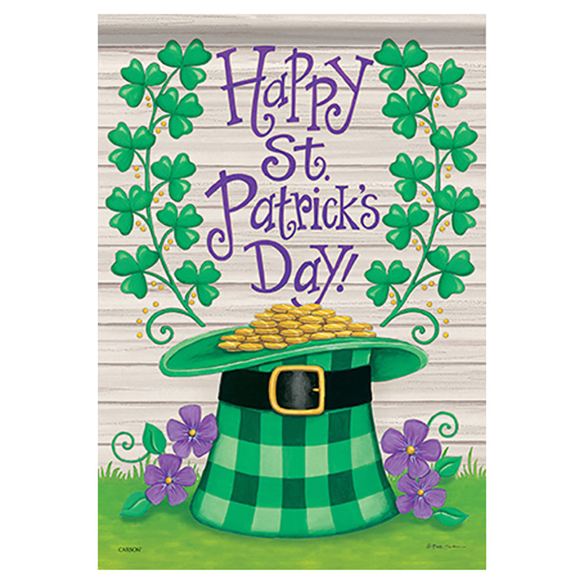 St. Patrick's Day decorative flag with green hat, gold coins, and shamrocks on a wooden background.