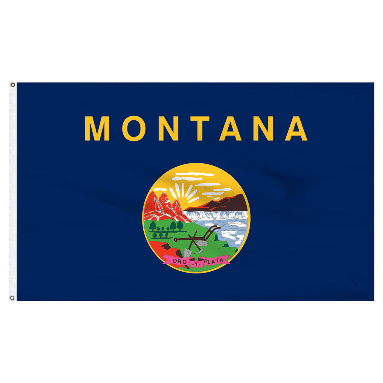 State of Montana flag with 'MONTANA' printed in large, gold all-caps letters across the top. Centered below the text is the full-color state seal, depicting a landscape with the Rocky Mountains, the Great Falls of the Missouri River, a plow, a shovel, and a pick. A ribbon at the bottom of the seal reads the Spanish motto 'ORO Y PLATA'