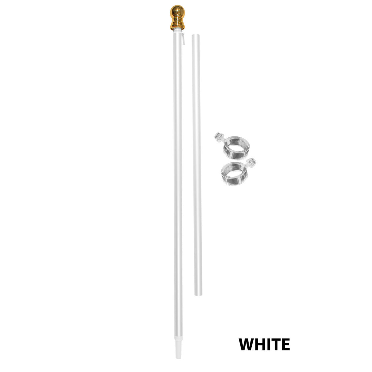White flagpole kit with gold top and silver clamps on a white background