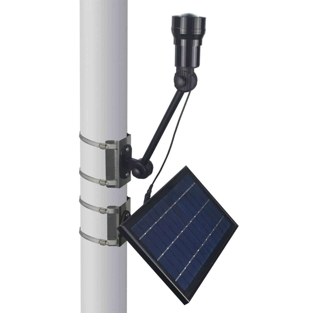 Solar panel attached to a white pole on a white background