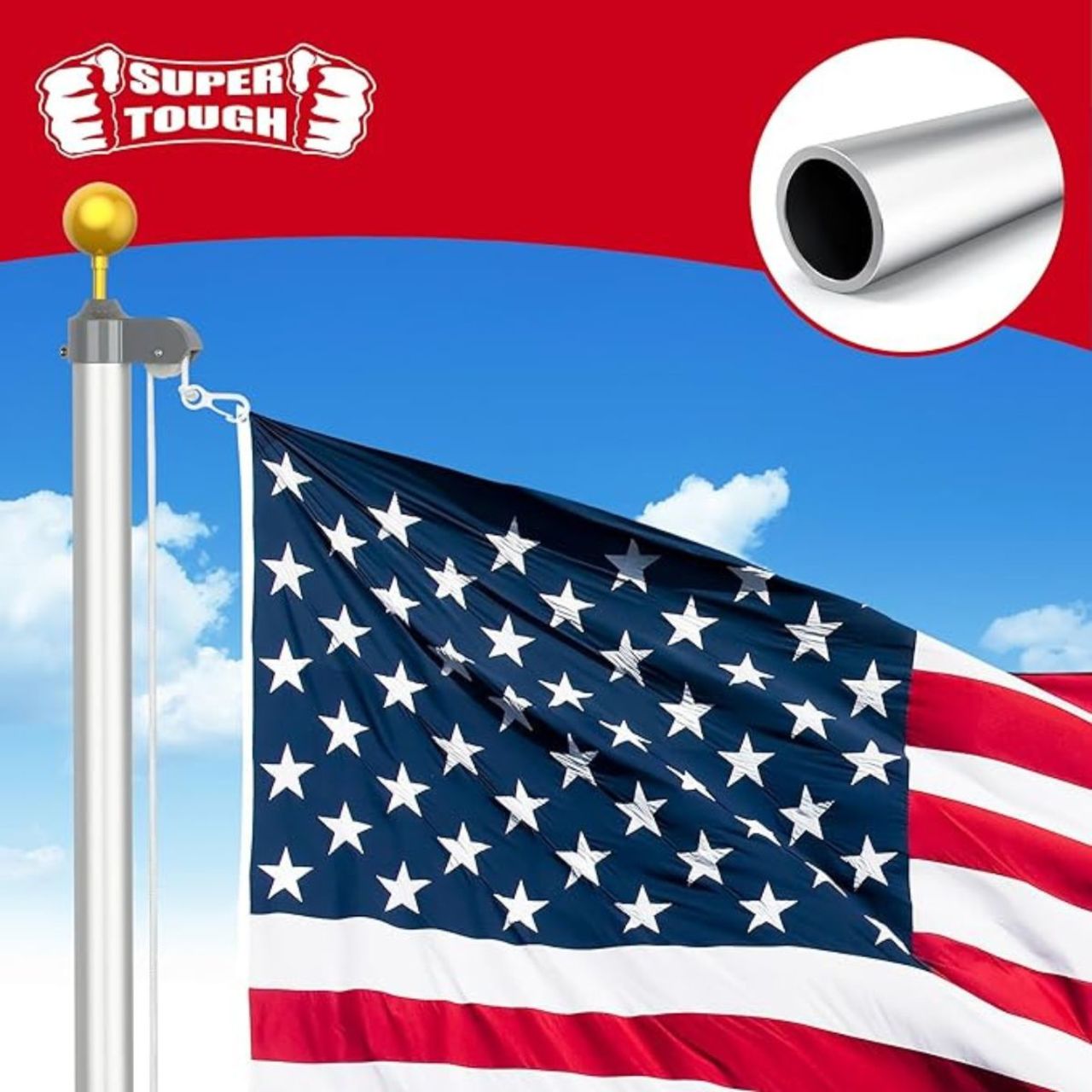 Super Tough 20ft Aluminum Sectional Residential Flagpole Kit - Silver