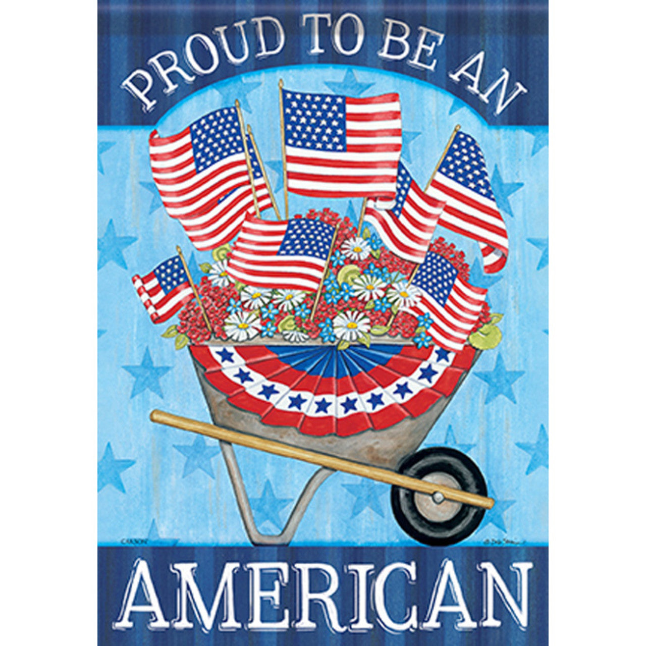 Decorative flag with American flags and a wheelbarrow on a blue background with stars.