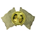 Gold-colored backing of a lapel pin on a white background