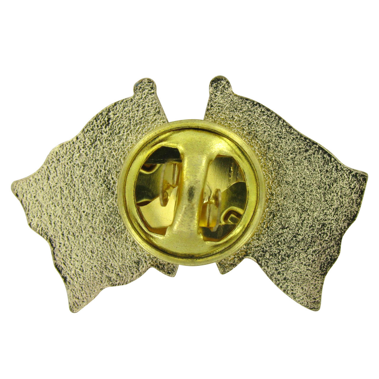 Gold-colored backing of a lapel pin on a white background