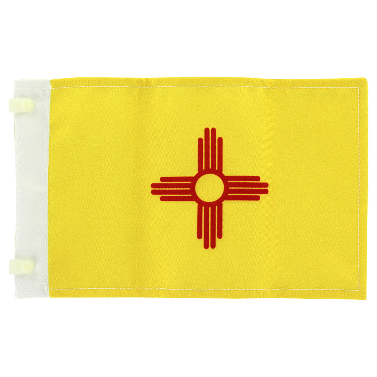 Yellow antenna flag with a red circle and four sets of four lines from the 12, 3, 6, and 9 sides of the circle