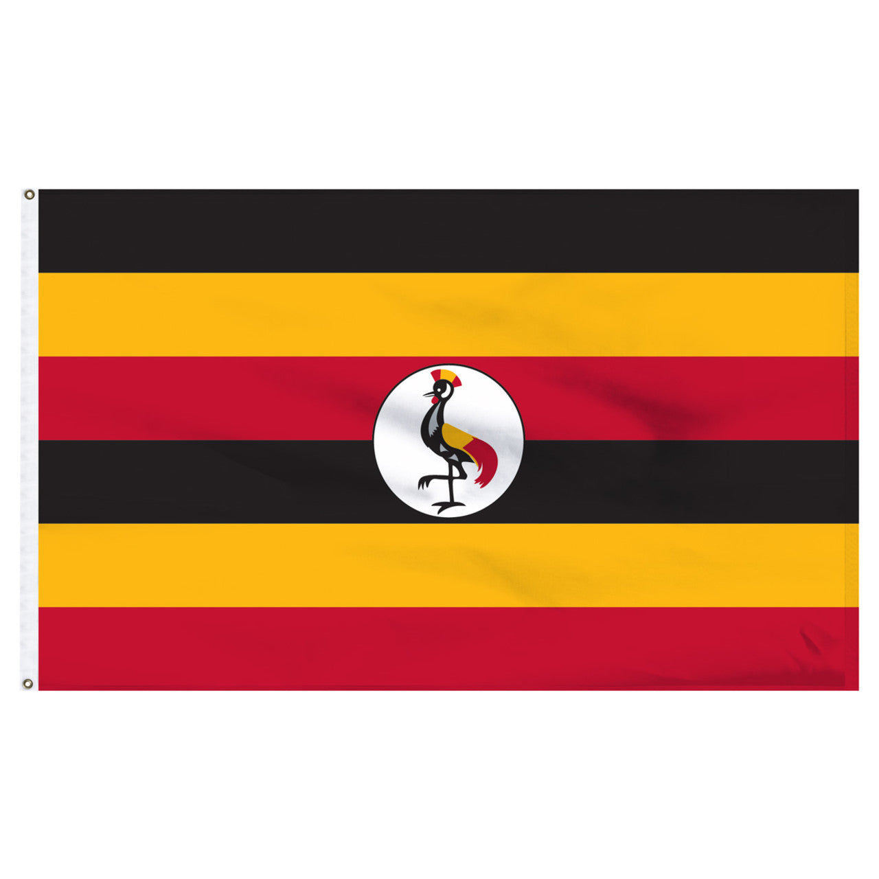 National flag of Uganda with black, yellow, and red stripes featuring a central emblem on a white background