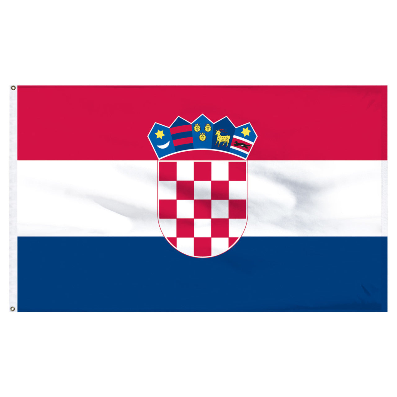 Flag of Croatia with red, white, and blue horizontal stripes and a central emblem.