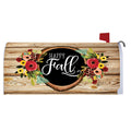 Mailbox cover with 'Happy Fall' text and floral design on a wooden background