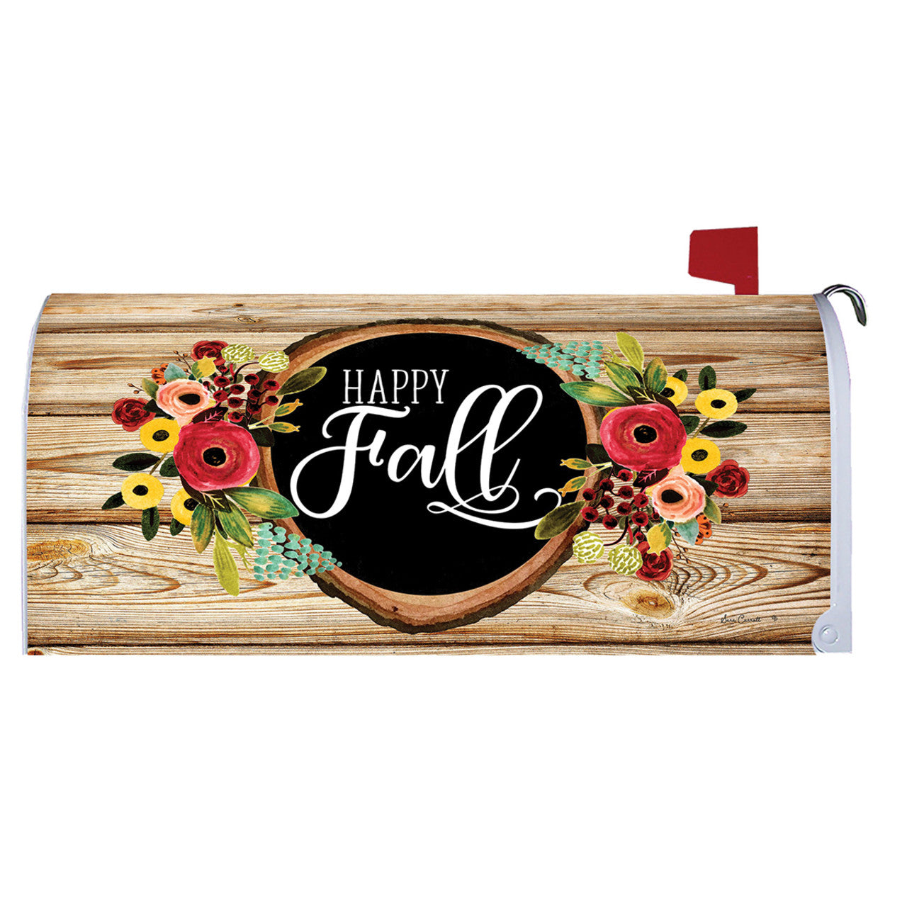Mailbox cover with 'Happy Fall' text and floral design on a wooden background