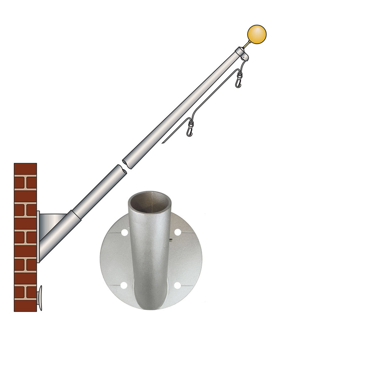 ECOS 10ft Outrigger Wall Mount Series Non-Tapered Commercial Flagpole - .125 Wall Thickness - 3" Top/Butt Diameter