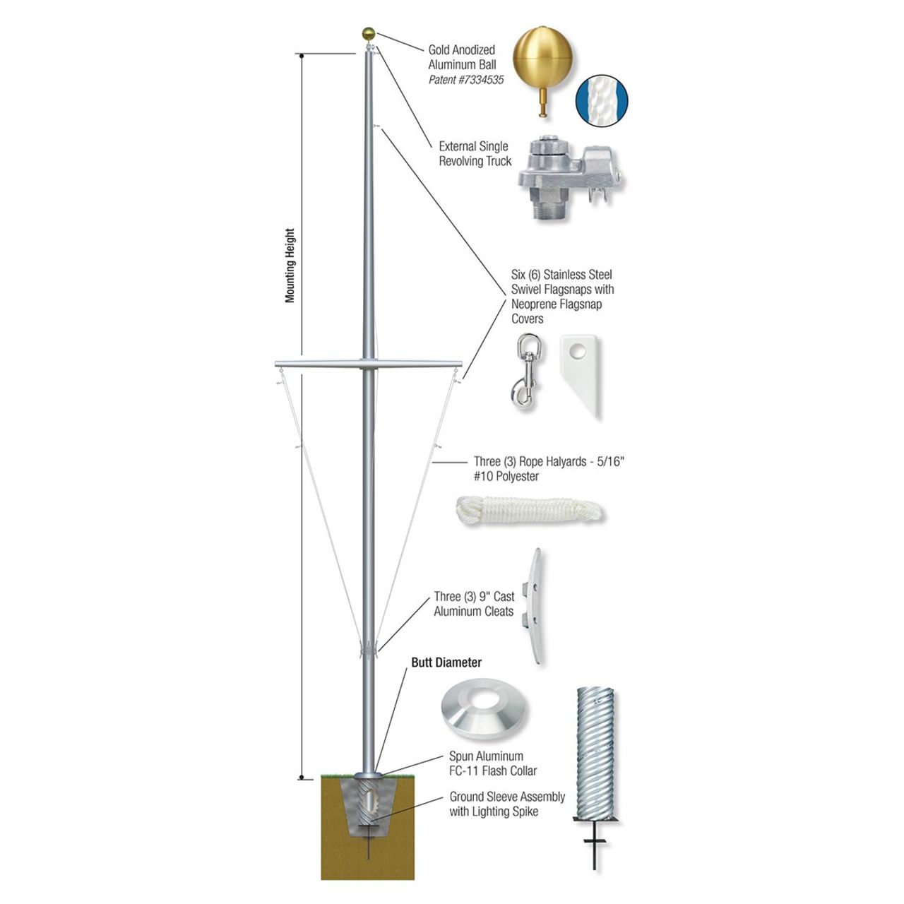 Nautical Single Mast Series 30ft Commercial Flagpole - .125in Wall Thickness - 5in Butt Diameter