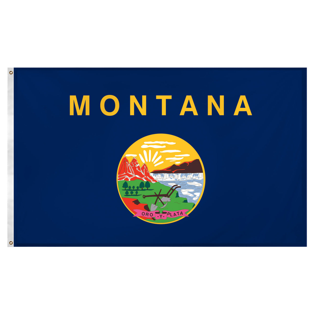 State of Montana flag with 'MONTANA' printed in large, gold all-caps letters across the top. Centered below the text is the full-color state seal, depicting a landscape with the Rocky Mountains, the Great Falls of the Missouri River, a plow, a shovel, and a pick. A ribbon at the bottom of the seal reads the Spanish motto 'ORO Y PLATA'.