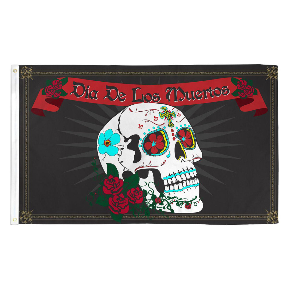 Flag with a colorful skull design and 'Dia De Los Muertos' text on a black background