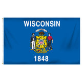 State of Wisconsin flag featuring the full-color state coat of arms, the 'Forward' motto, and 'Wisconsin 1848' text on a solid dark blue field.