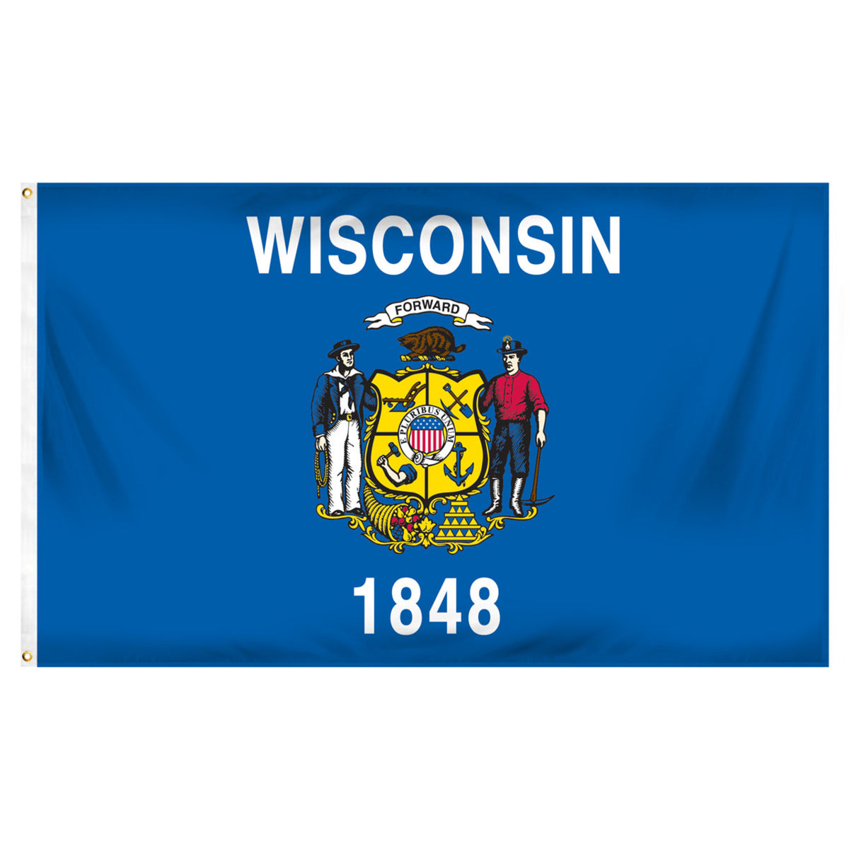 State of Wisconsin flag featuring the full-color state coat of arms, the 'Forward' motto, and 'Wisconsin 1848' text on a solid dark blue field.
