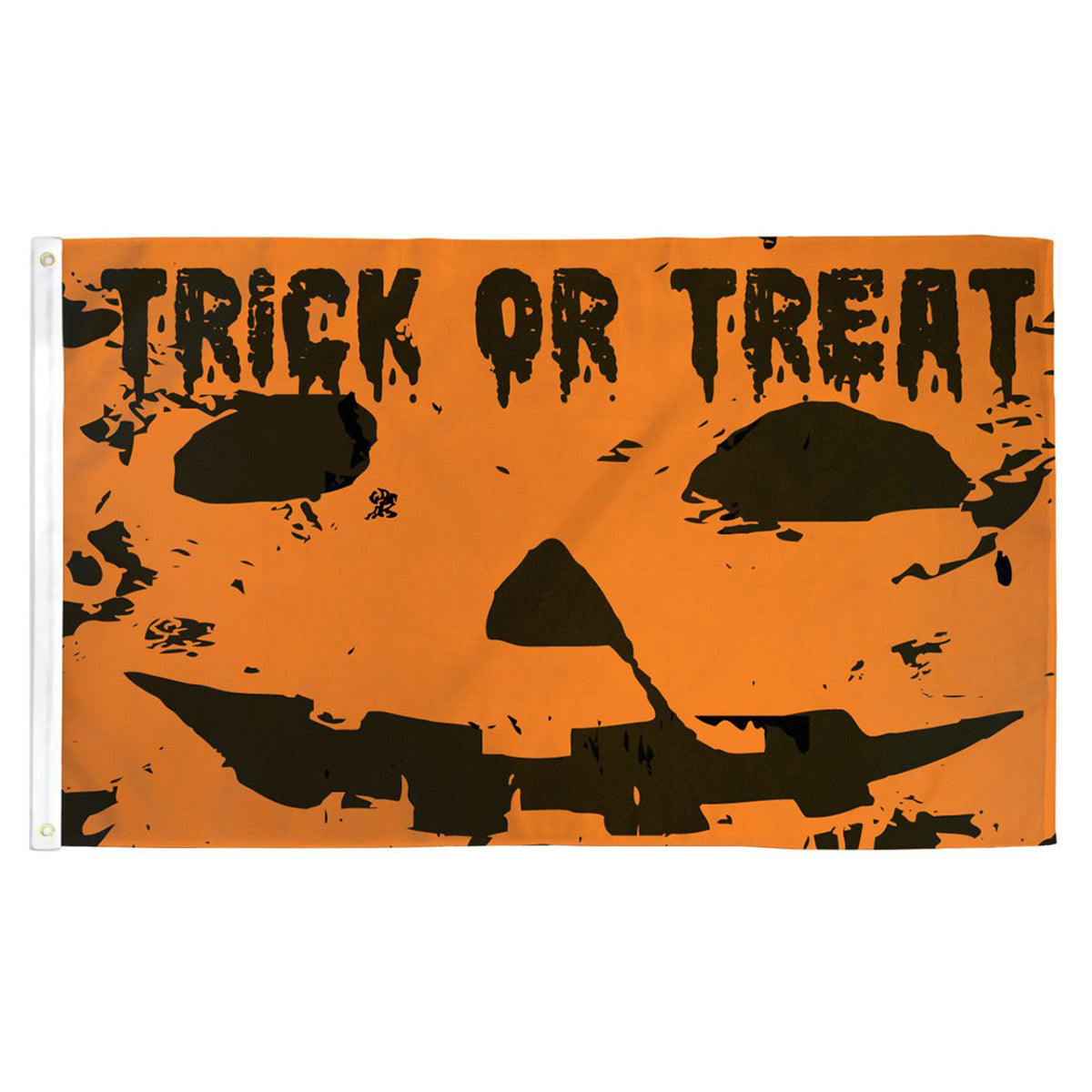 Halloween-themed flag with 'Trick or Treat' text and pumpkin design on an orange background.