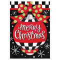 Decorative flag with a Christmas ornament with 'Merry Christmas' text and polka dot bow on a black background.