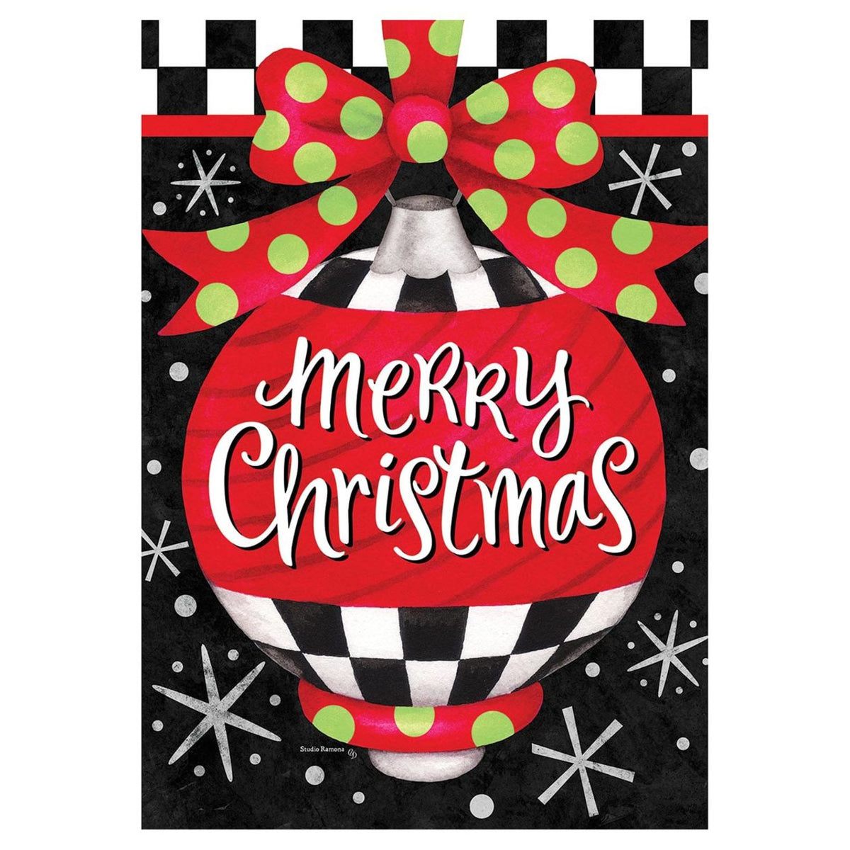 Decorative flag with a Christmas ornament with 'Merry Christmas' text and polka dot bow on a black background.