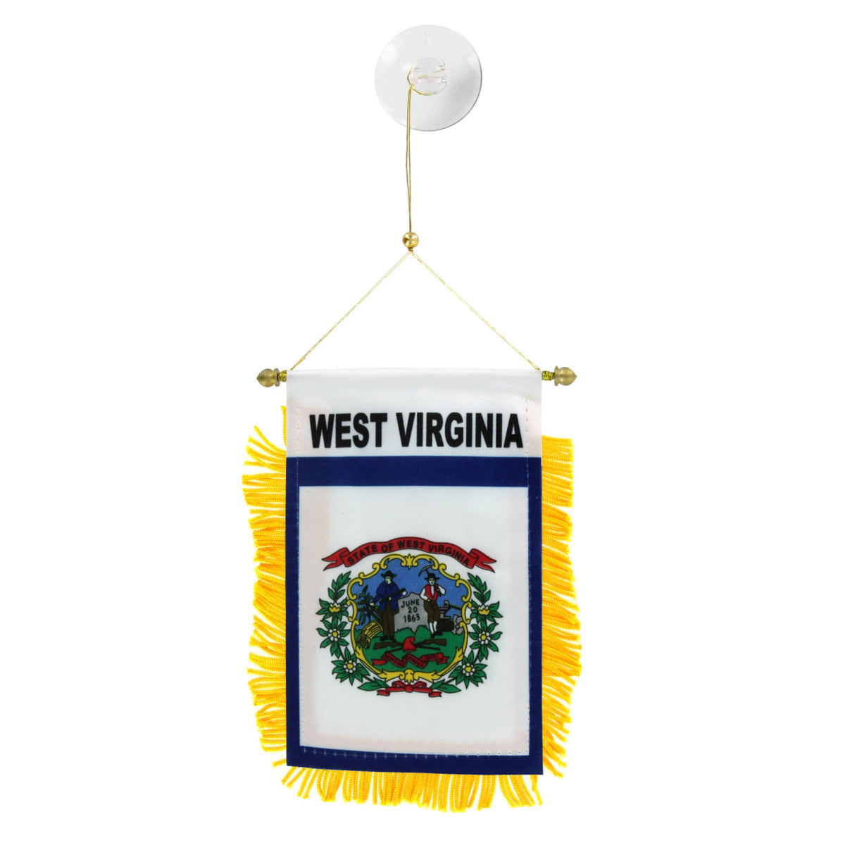 Small hanging flag with 'West Virginia' text and emblem on a white background