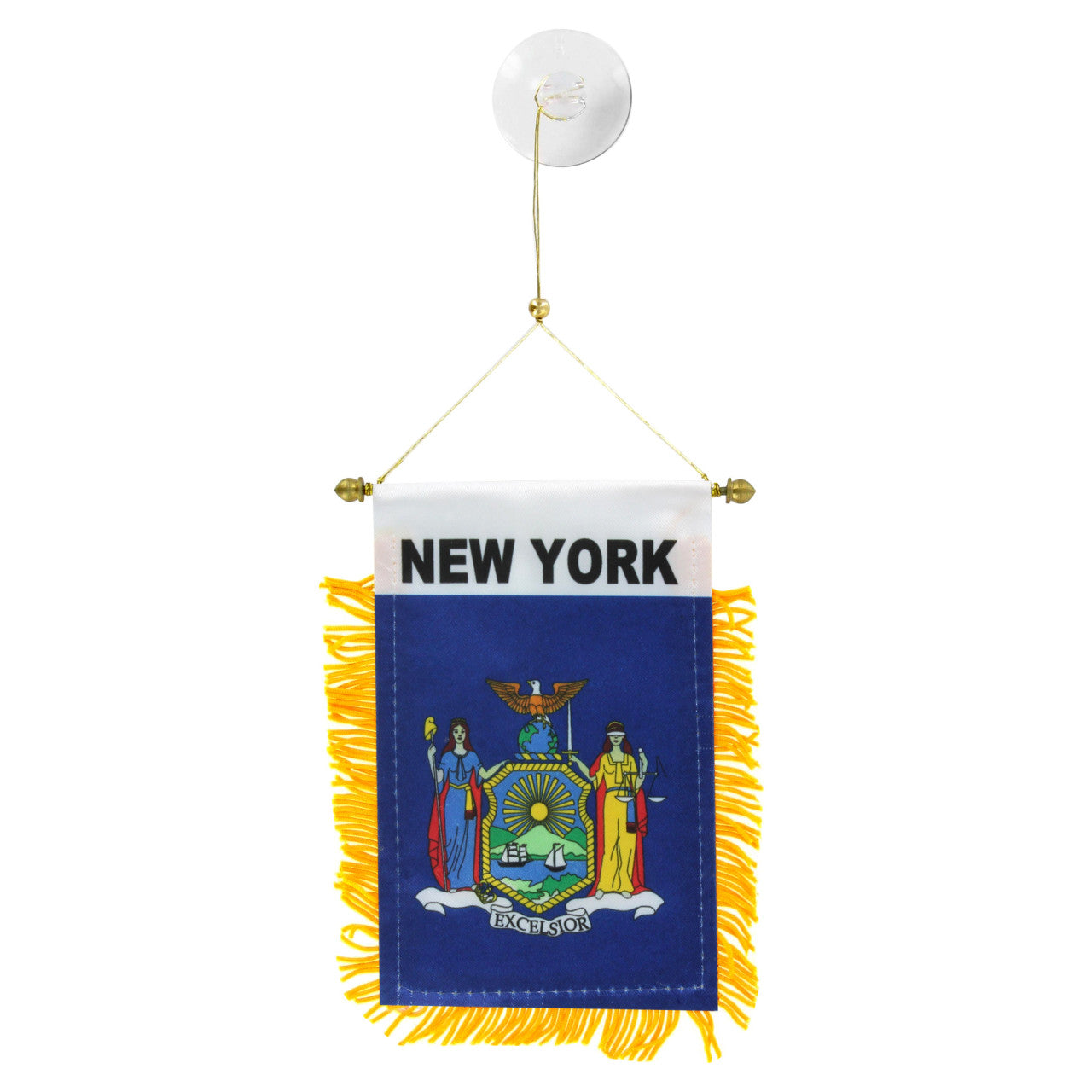 Small hanging flag with 'New York' text and emblem on a white background