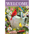 Decorative garden flag with birds and flowers, featuring a red cardinal, blue bird, and yellow bird on a watering can.
