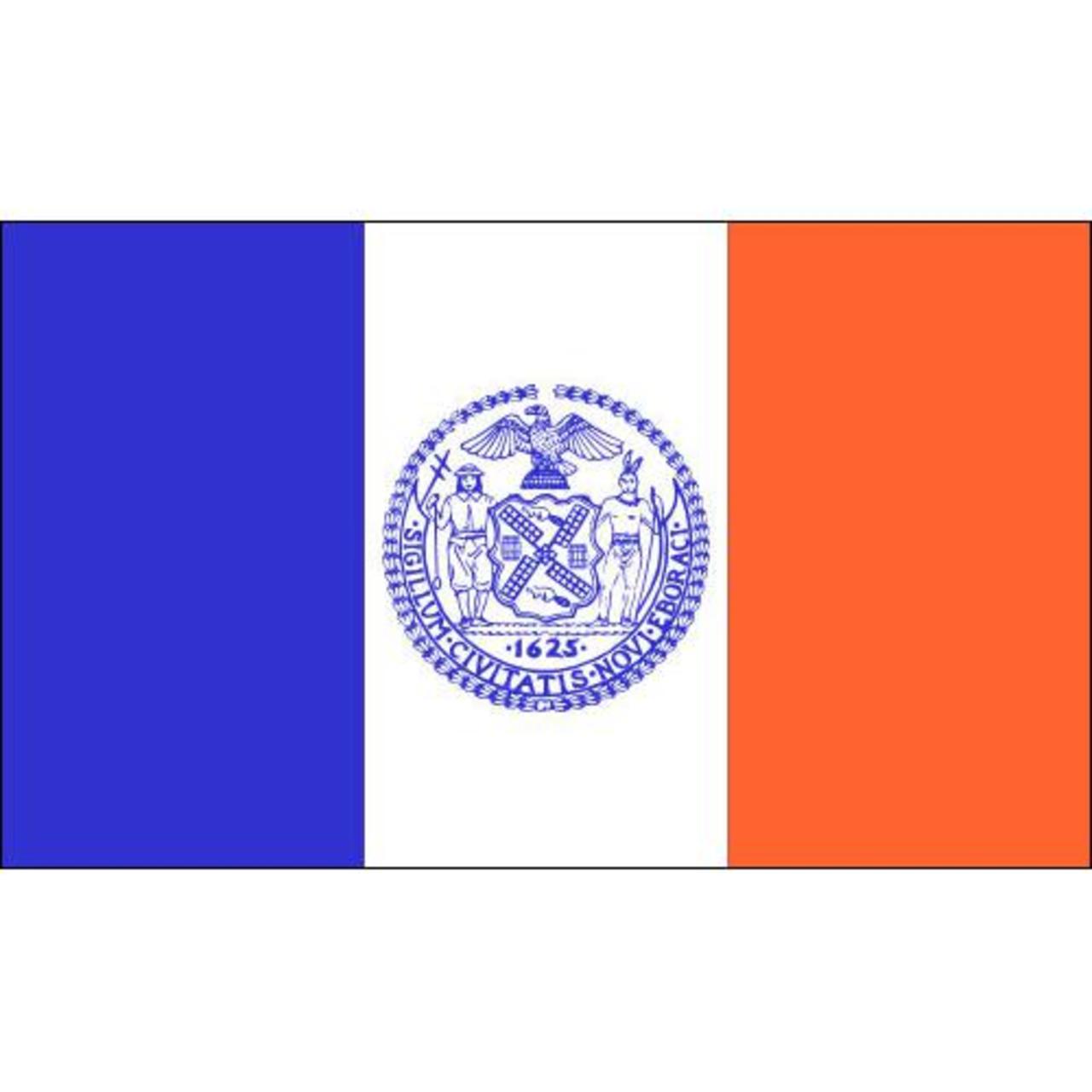 New York City flag with blue, white, and orange sections featuring a central emblem.