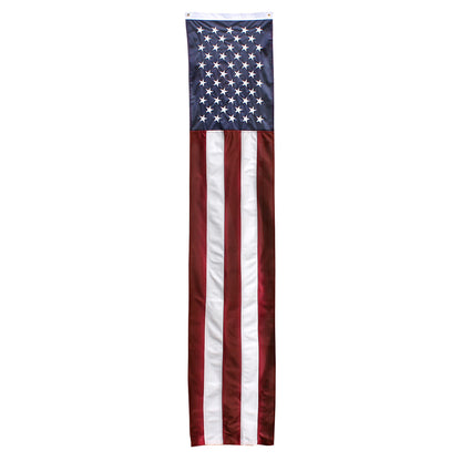 A vertical American flag banner or pennant with a white header strip and grommets at the top, shown against a plain white background.