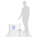 Small flag with dimensions next to a silhouette of a person