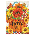 Decorative flag with sunflowers, pumpkins, and 'hello fall' text on a white background