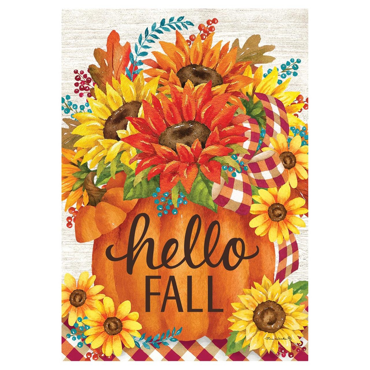 Decorative flag with sunflowers, pumpkins, and 'hello fall' text on a white background