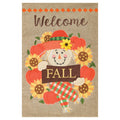 Decorative fall-themed garden flag with a scarecrow, pumpkins, and sunflowers on a burlap background.