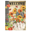 Decorative garden flag with autumnal design featuring sunflowers, pumpkins, and checkered pattern.