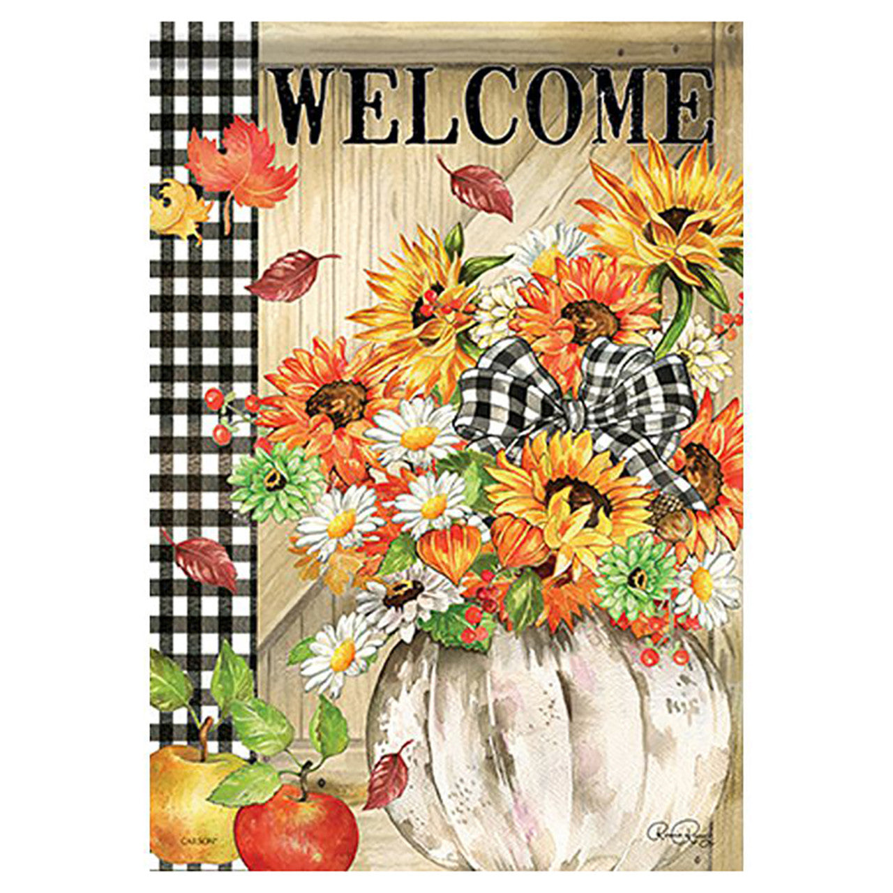Decorative garden flag with autumnal design featuring sunflowers, pumpkins, and checkered pattern.