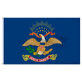 State of North Dakota flag featuring the full-color bald eagle emblem, the 'E Pluribus Unum' motto, and a red 'North Dakota' banner on a dark blue background.