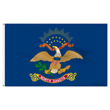 State of North Dakota flag featuring the full-color bald eagle emblem, the 'E Pluribus Unum' motto, and a red 'North Dakota' banner on a dark blue background.