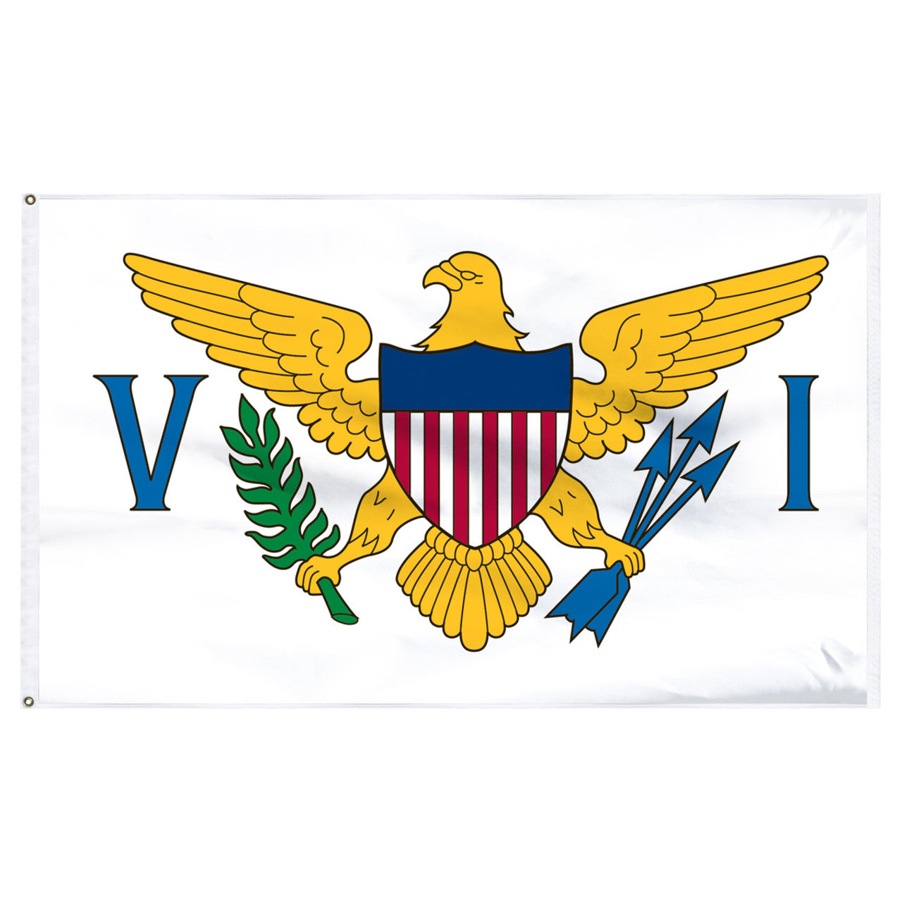 U.S. Virgin Islands flag with a yellow eagle emblem on a white background