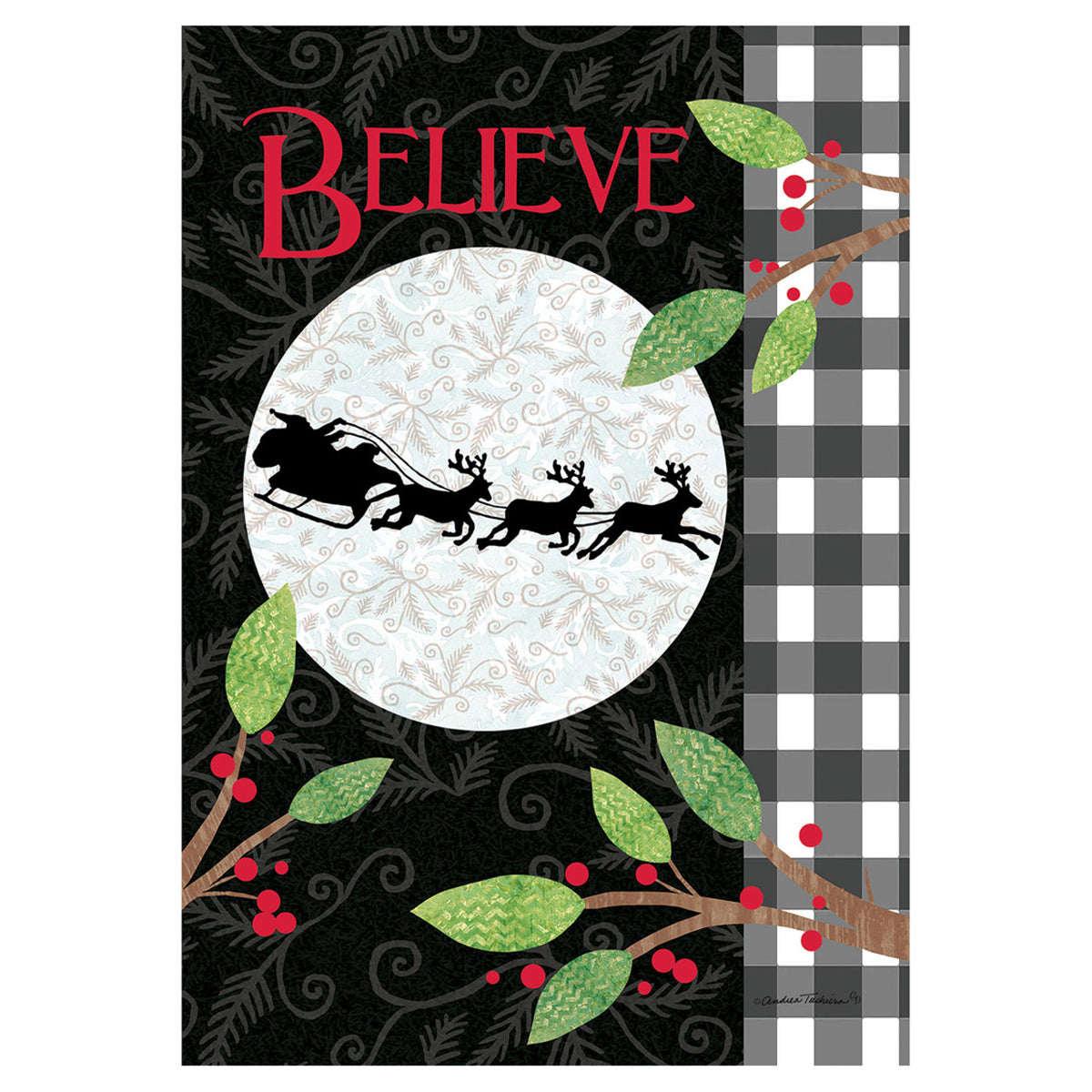 Decorative flag with 'BELIEVE' text, Santa Claus sleigh, and Christmas elements on a black background.