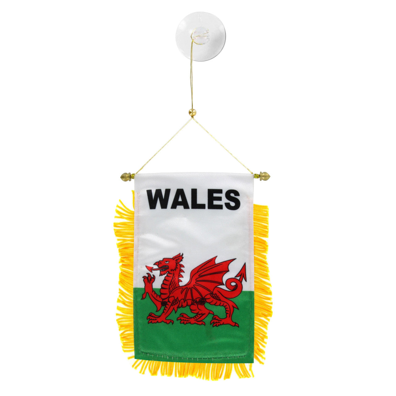 Wales flag with red dragon emblem and yellow fringe on a white background